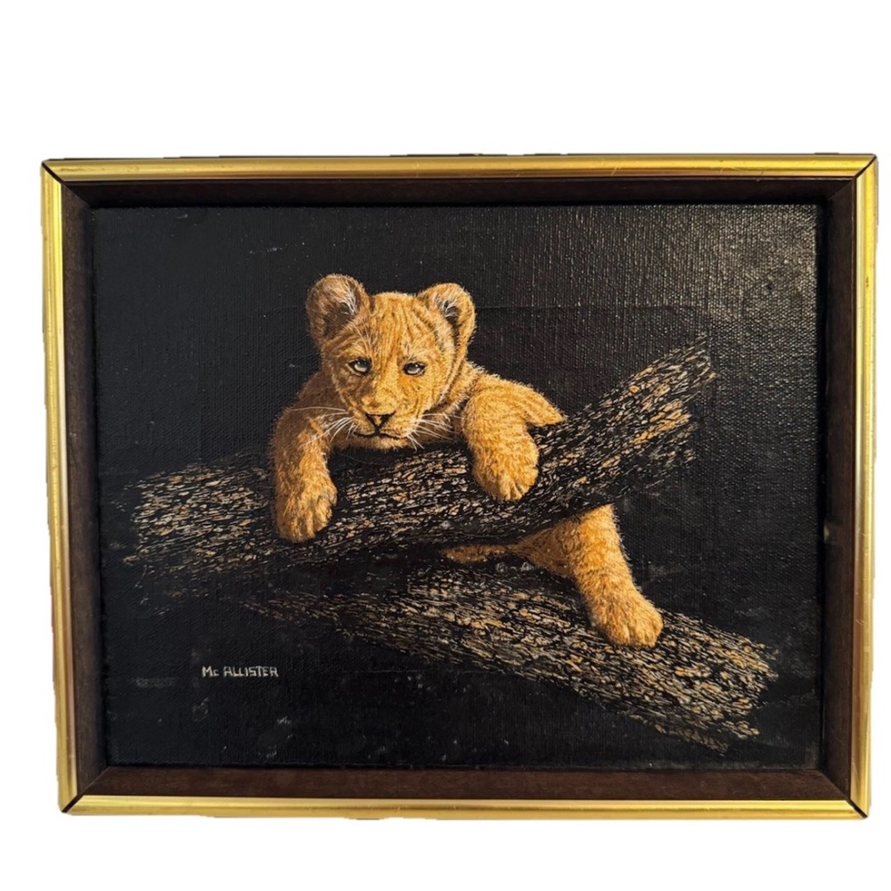 Vtg 1970’s Lion cub Canvas Silkscreen  Painting Signed 8x10 Wood Framed